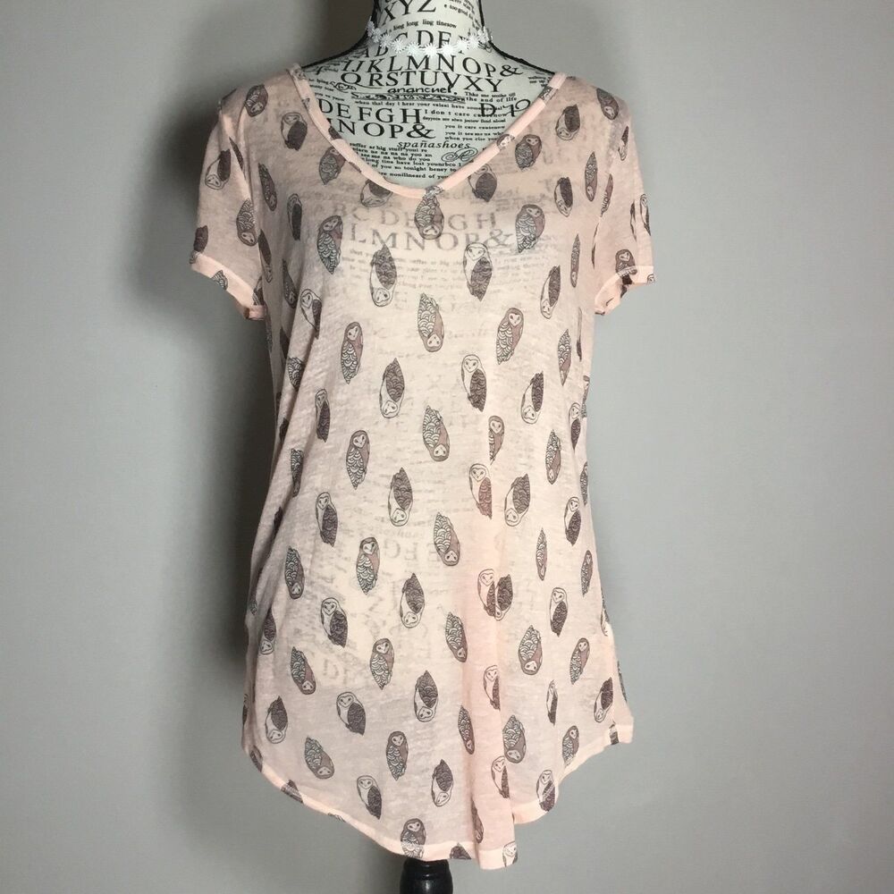 Pink sheer owl pattern top vee neck stretchy soft forest fairy cottagecore M